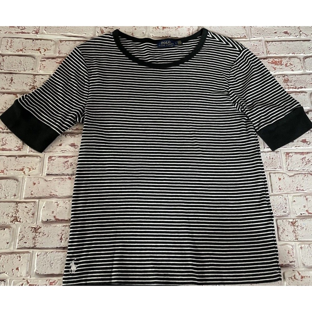 Polo Ralph Lauren Top Womens LG Black White Stripe Pony Logo Crew Neck Cropped